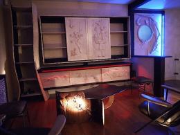 Bibliothèque Astérix et Obélix  bibliothèque avec téléviseur intégré en bois de sycomore et wengé